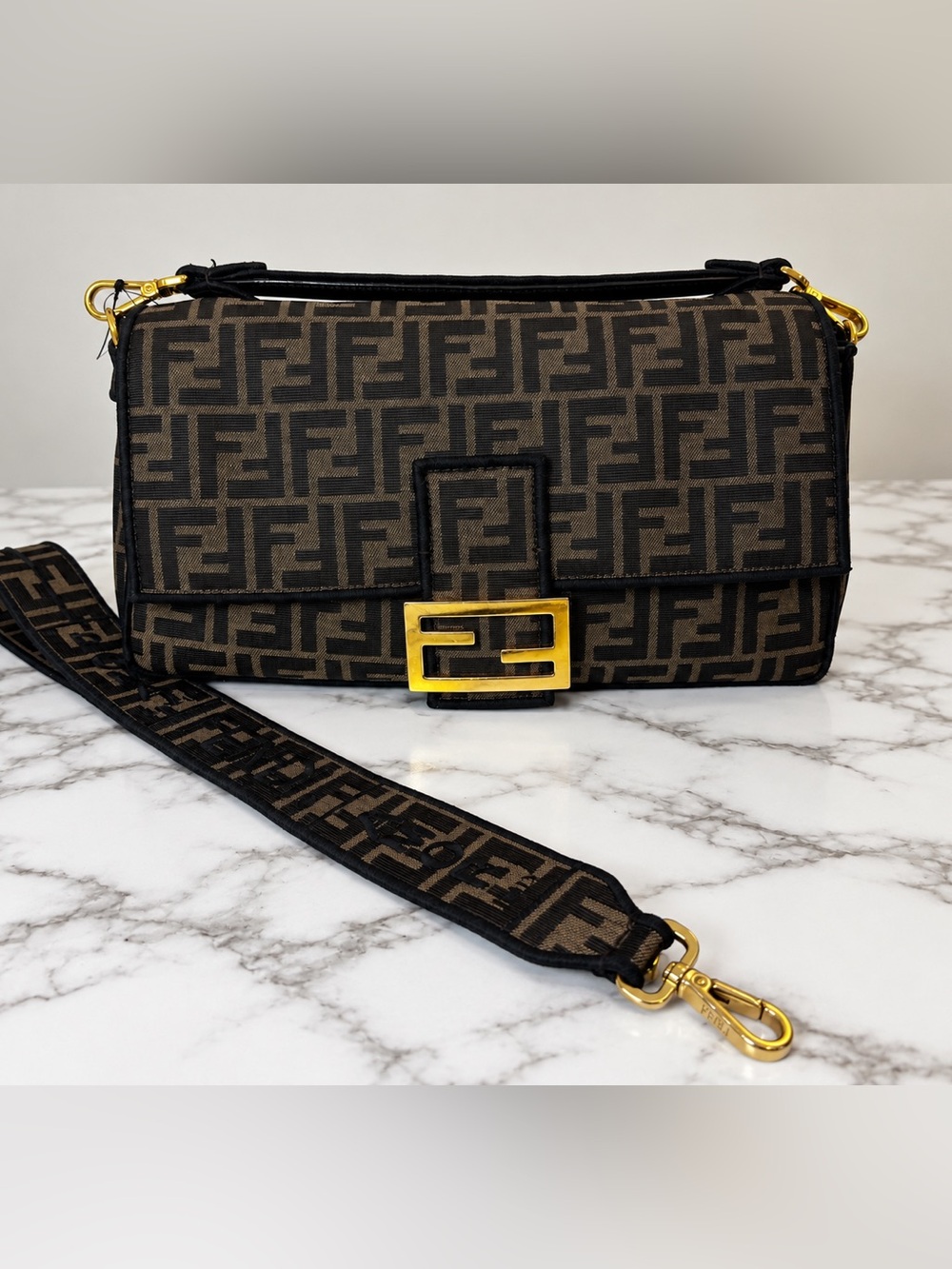 Fendi Baguette Brown FF Logo Crossbody Bag with Gold Hardware